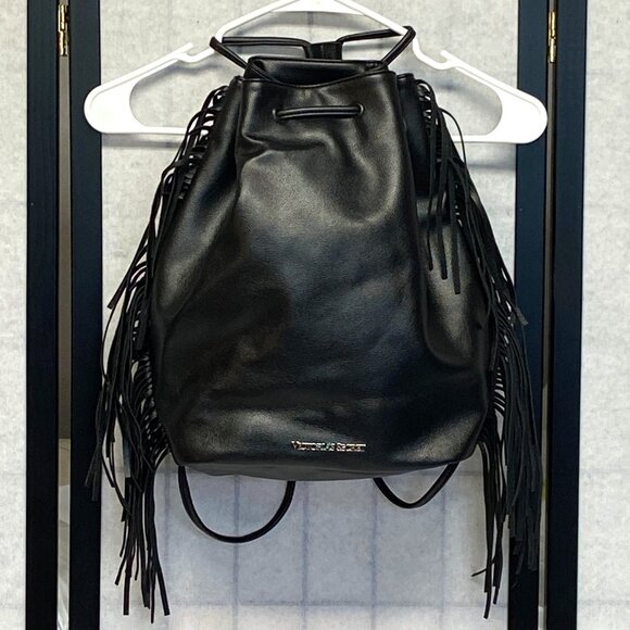 Victoria's Secret Handbags - Victoria's Secret Faux Leather Fringed Slide Closure Backpack Tote Black NWT